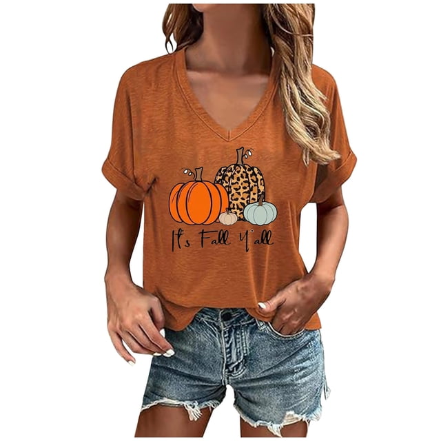 Acción de Gracias Top Mujeres, Pullover de Impresión de Calabaza con Cuello en V Blusa de Manga Corta, Poliéster de Moda Casual