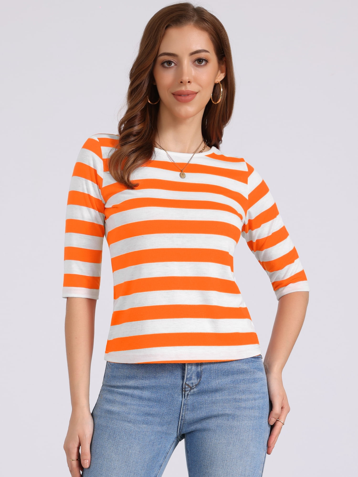 DARING DIVA Women's Elbow Sleeves Round Neck Slim Basic Printed T-Shirt XS Orange White
