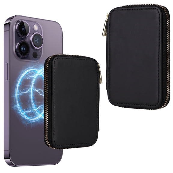 Zipper Pocket Card Slots RFID Blocking Kickstand Magnetic Back Bag, for Phone Case with Magnetic Suction, Such as for iPhone 12 13 14 15 Series, (Other Phones Come with Magnetic Rings), Black