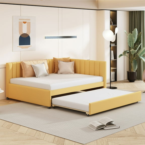 Harper & Bright Designs Full Size Upholstered Daybed with Trundle, Linen L-Shaped Sofa Bed with Headboard and Armrest for Living Room, Yellow