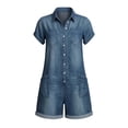 thumbnail image 3 of LEKODE Jumpsuits for Women Casual Loose Denim Short Jumpsuit Collared Short Sleeve Button Down Romper for Multiple Occasions womens vacation outfits Navy XL, 3 of 4