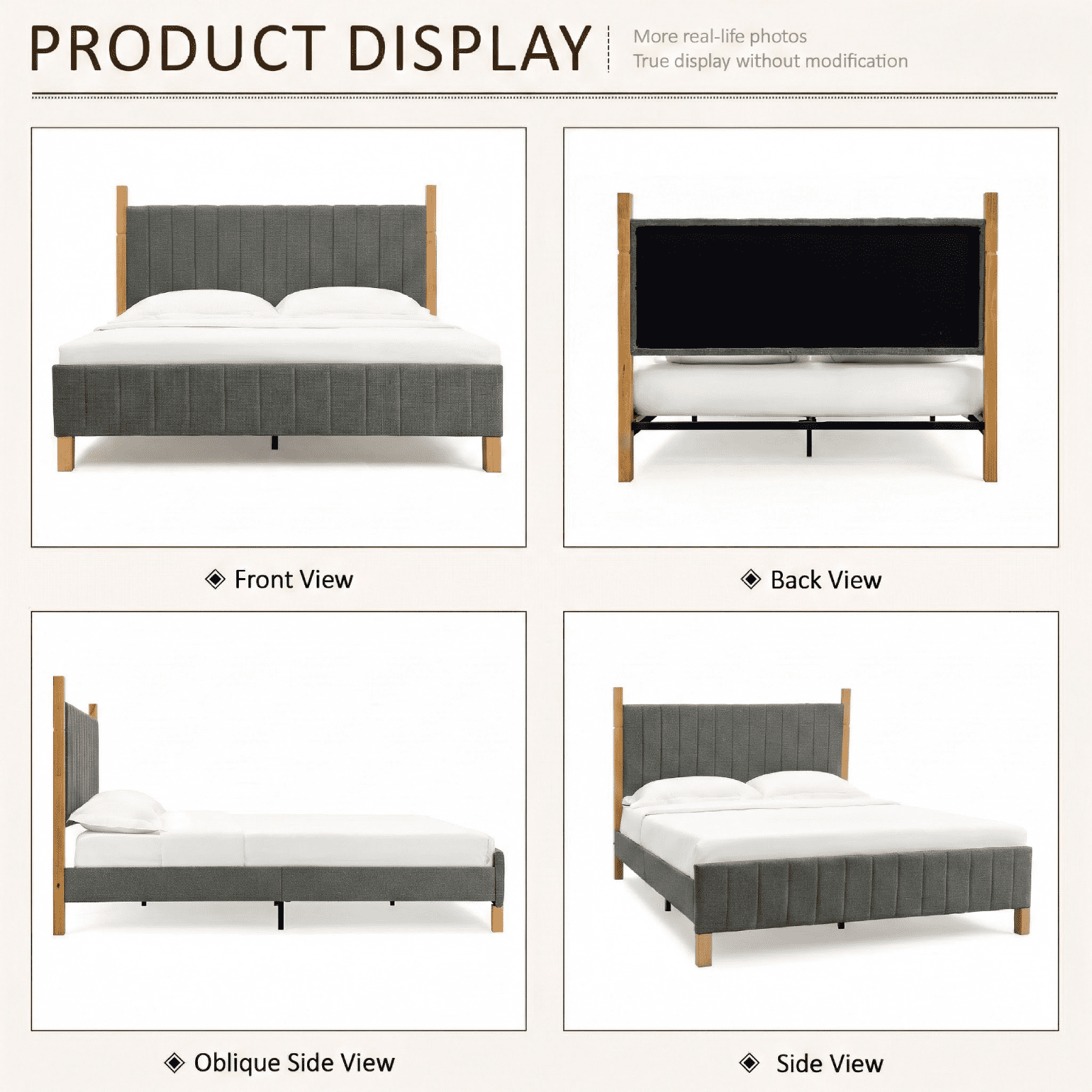 Brafabhome King Bed Frame with Upholstered Headboard, Modern Wood Bed Frame with Solid Wood Posts, No Box Spring Needed, Gray Linen