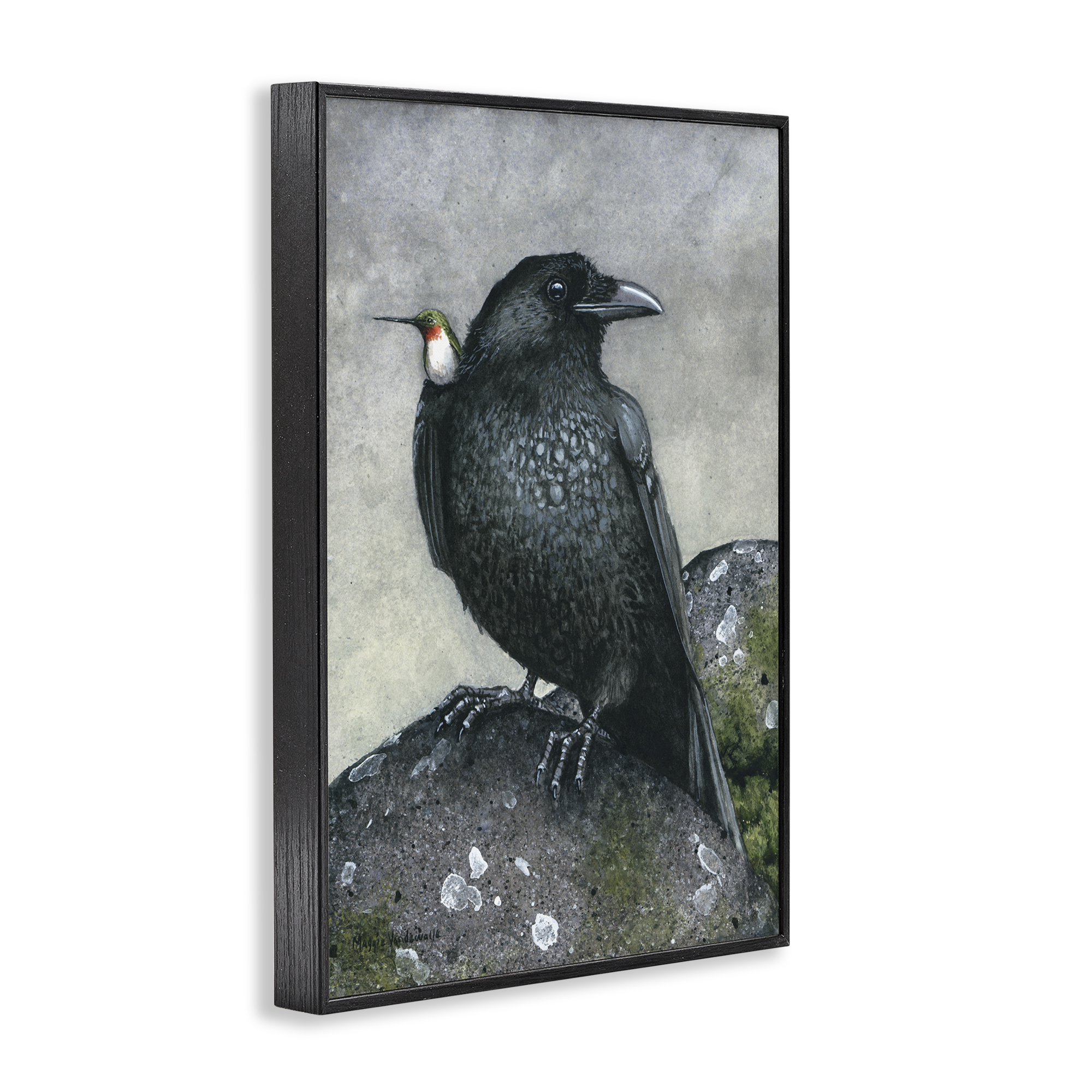 Stupell Industries Crow & Hummingbird Perched Animals & Insects Painting Black Framed Art Print Wall Art, 20 x 30