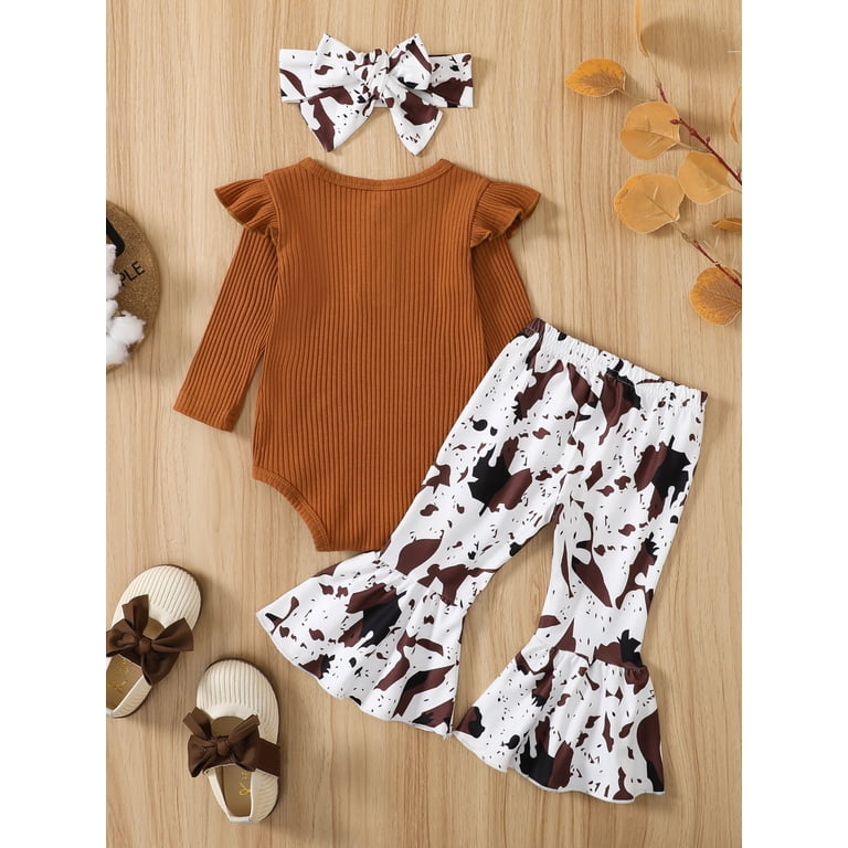 Baby Girl Cow Print Romper Set - Ruffle Sleeveless Outfit With Bow Pants & Headband For Summer