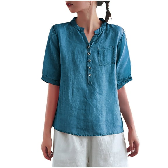 Mittory Linen Tops for Women Button Down Plus Size T Shirts Soft Short Sleeve Round Neck Collared Shirt