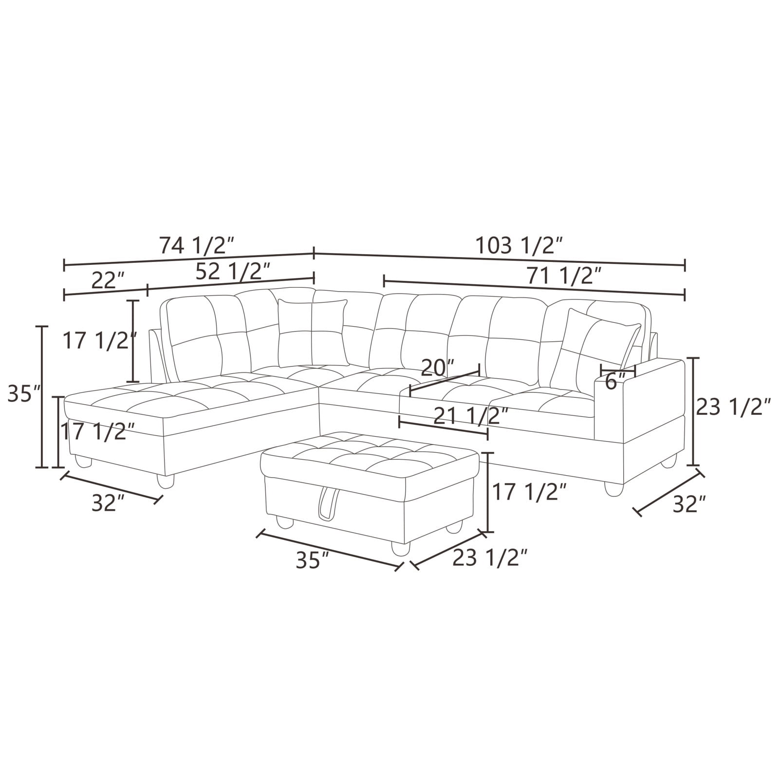 Hommoo Faux Leather Living Room Furniture Set, Sectional Sofa Set, Left Side, Brown