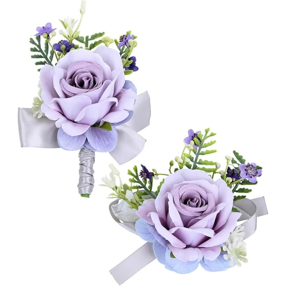 Artificial Rose Wrist Corsage Boutonniere Set, Satin Rose Fabric Flower, Groom Groomsmen Boutonniere for Wedding Party Prom Suit Decorations