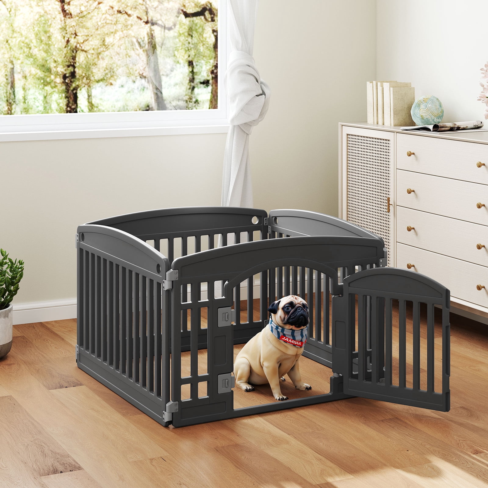 CONCETTA 24 Inch 4-Panel Portable Dog Playpen for Indoor, Plastic Lightweight Indoor Puppy Pen with Door, Customizable, Black