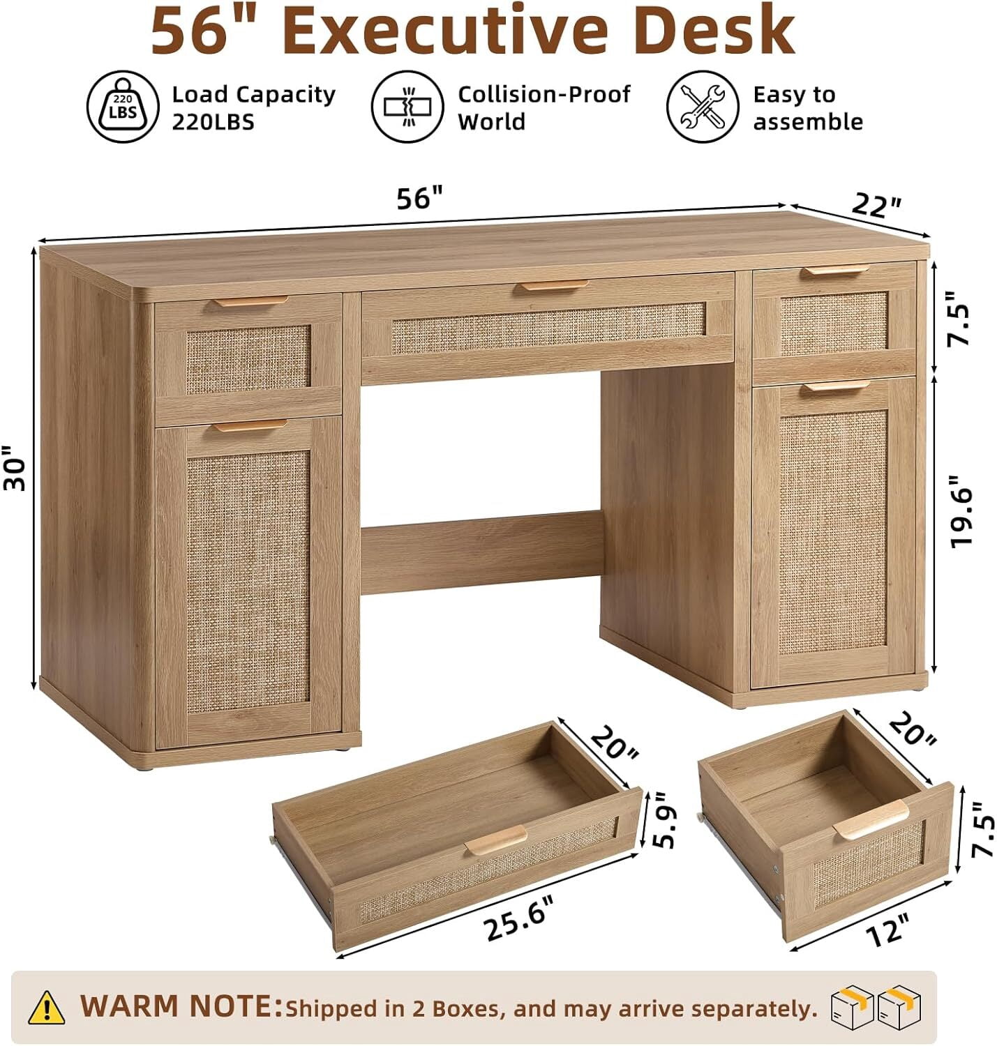 LEYAOYAO Office Desk 56" with 5 Drawers Storage File Cabinet Rattan Wood Desk for Computer Office Bedroom Home Furniture Natural Oak