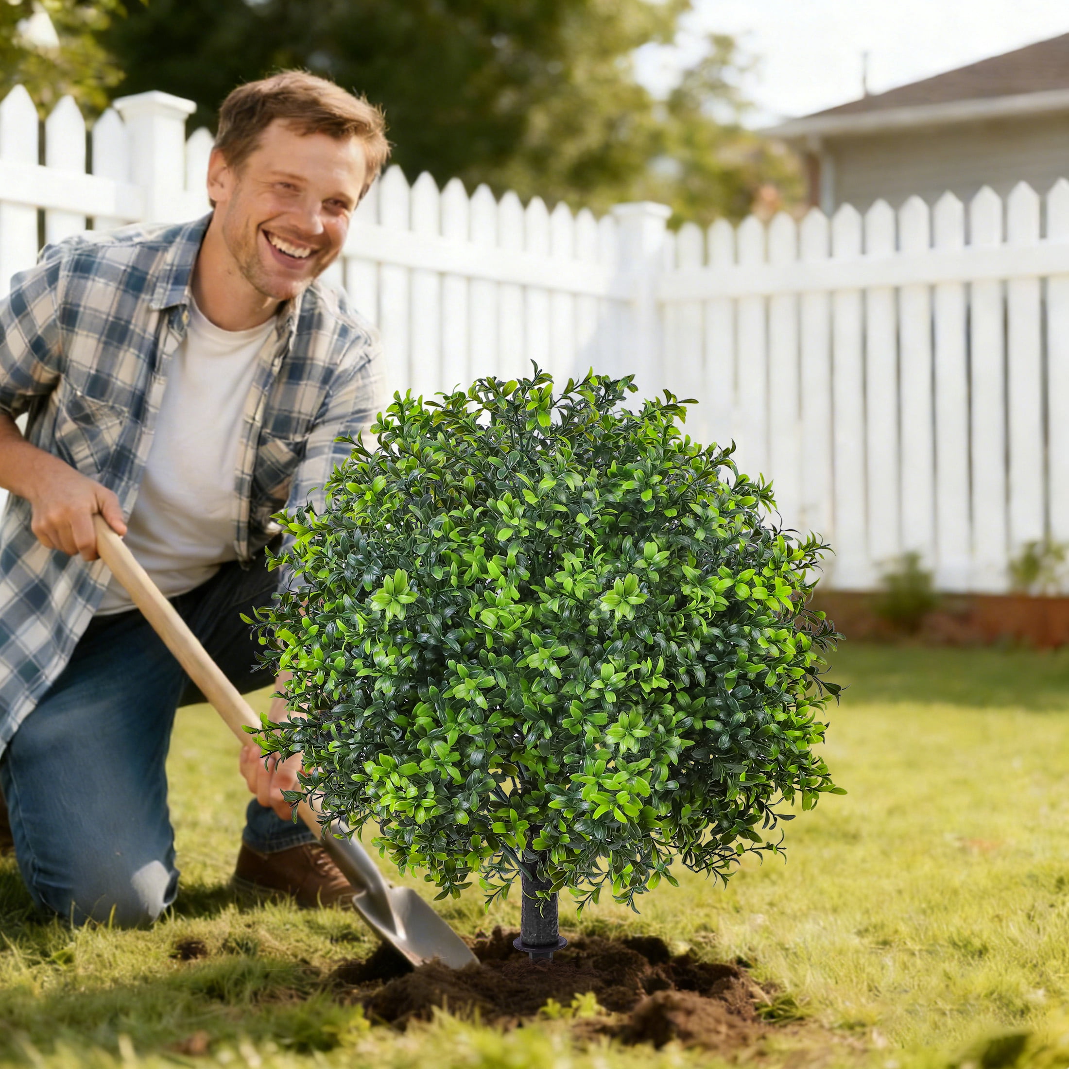 HKKDKTA 2 Pack Artificial Boxwood Topiary Ball Trees with Ground Spike,UV Resistant Faux Bushes Plants for Indoor Outdoor Garden Patio Decor