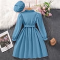 thumbnail image 4 of WUANDIXFA Girls Long Sleeve Dress with Hat, Lapel Collar Button Down Midi Dress Swing Casual Dresses with Belt (Blue, 9-10 Years), 4 of 9