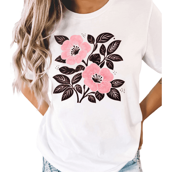 UNISHE Women's Pink Floral Botanical Graphic White Short Sleeve T-Shirt Casual Crewneck S-5XL Top