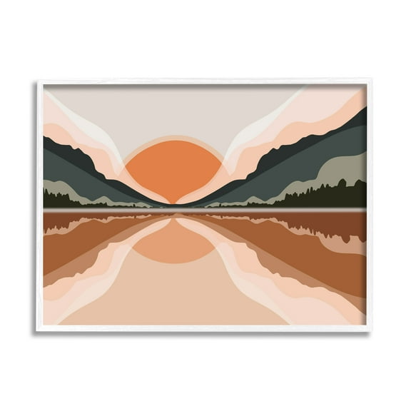Stupell Industries Misty Sunrise Geometric Green Mountain Lake Reflection Cabin Painting White Framed Art Print Wall Art, 24 x 30, Design by Ros Ruseva