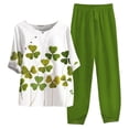 thumbnail image 2 of Ladies Five Sleeve Printed Blouse Pants Two Piece Suit, Green S, 2 of 3
