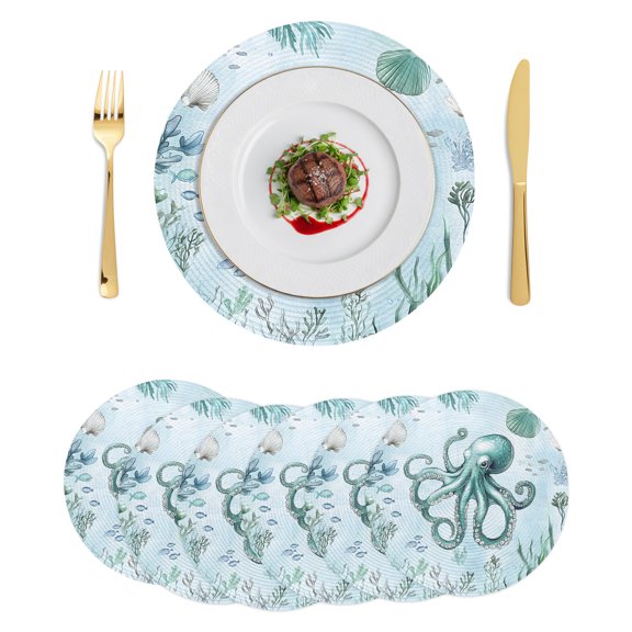 Round Placemats Summer Ocean 15 inch Set of 6 Table Mats for Dining Table Coastal Octopus Shell Coral Heat Resistant Non-Slip Kitchen & Home Decorative Place Mat Set