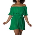 thumbnail image 2 of Women Boho off Shoulder Romper Flowy Tie Waist Flared Pleated Short Jumpsuit Elegant Strapless Wide Leg Party Playsuit, Green, L, 2 of 6