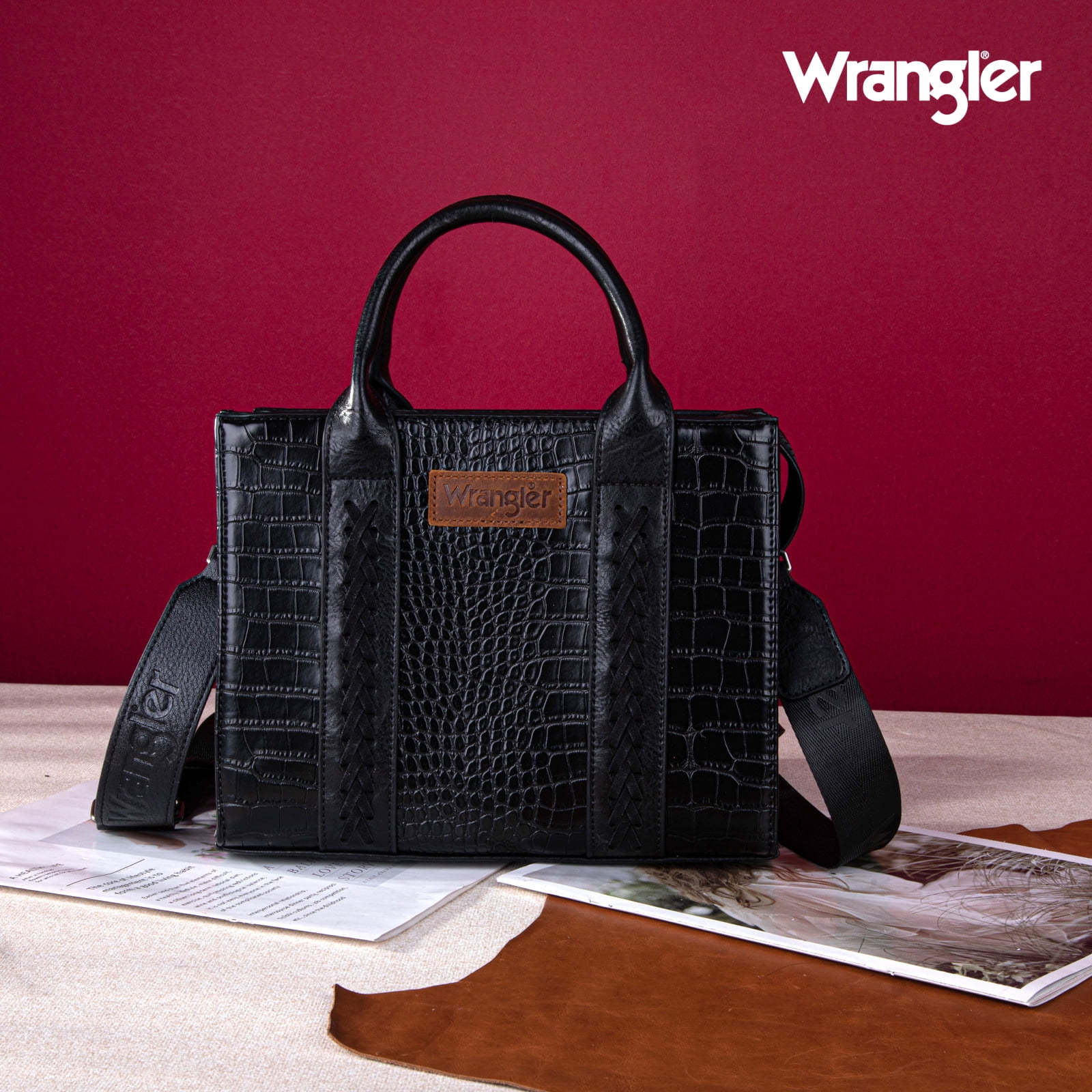 Wrangler Medium Tote Bag for Women Designer Satchel Handbags Top-handle Purses with Strap, Crocodile-Black