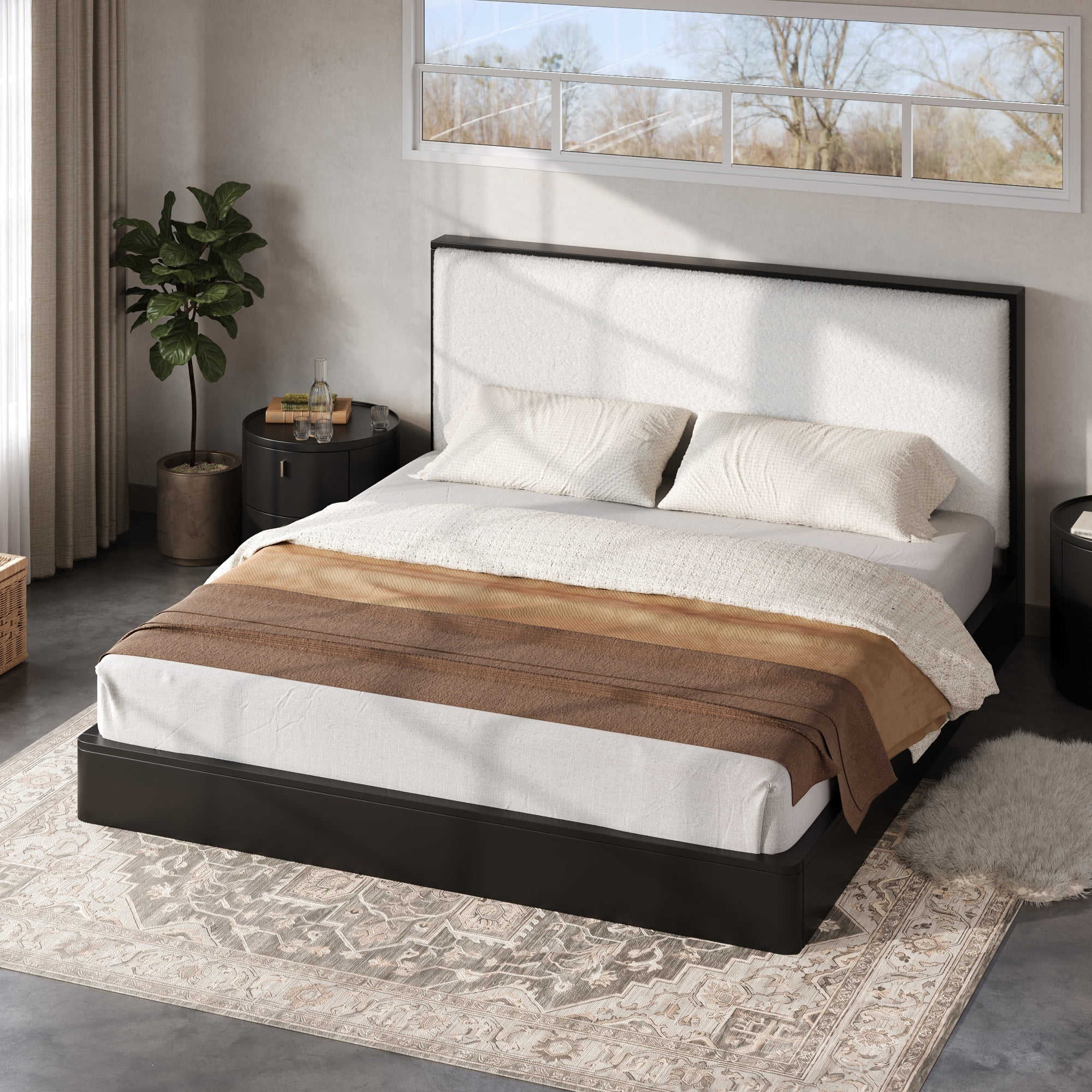 Euroco Wood Queen Size Platform Bed with Bouclé Upholstered Headboard, No Box Spring Needed, Black