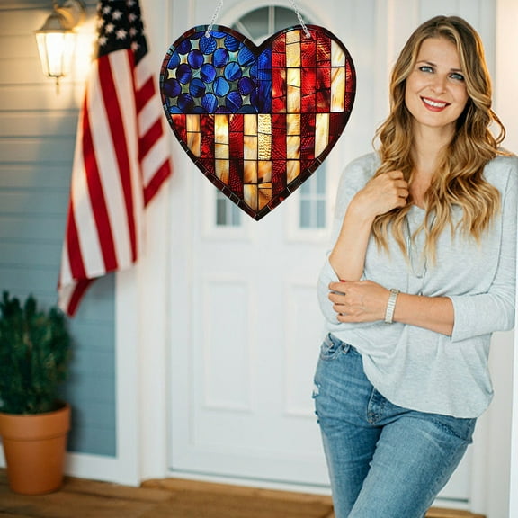 Bfogop Patriotic Acrylic Stained Glass Window Hanging Decor 4th of July Double Sided Independence Day Ornaments Red White and Blue Window Art Crafts Decor for Home Door Wall Decor