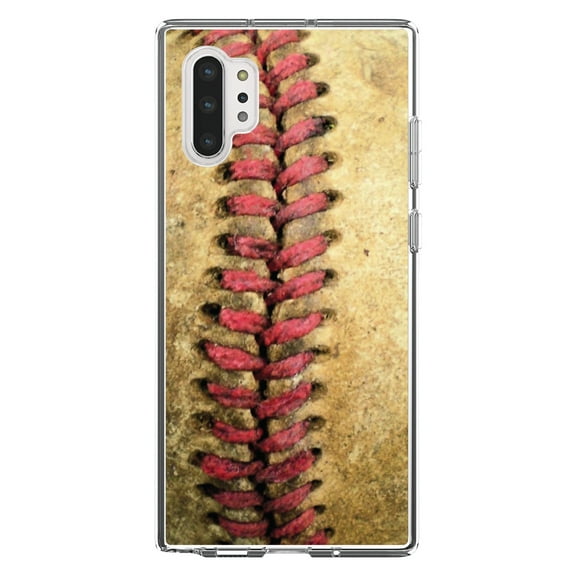 DistinctInk Clear Shockproof Hybrid Case for Galaxy Note 10 PLUS (6.8" Screen) - TPU Bumper, Acrylic Back, Tempered Glass Screen Protector - Old Baseball Stitch - Baseball