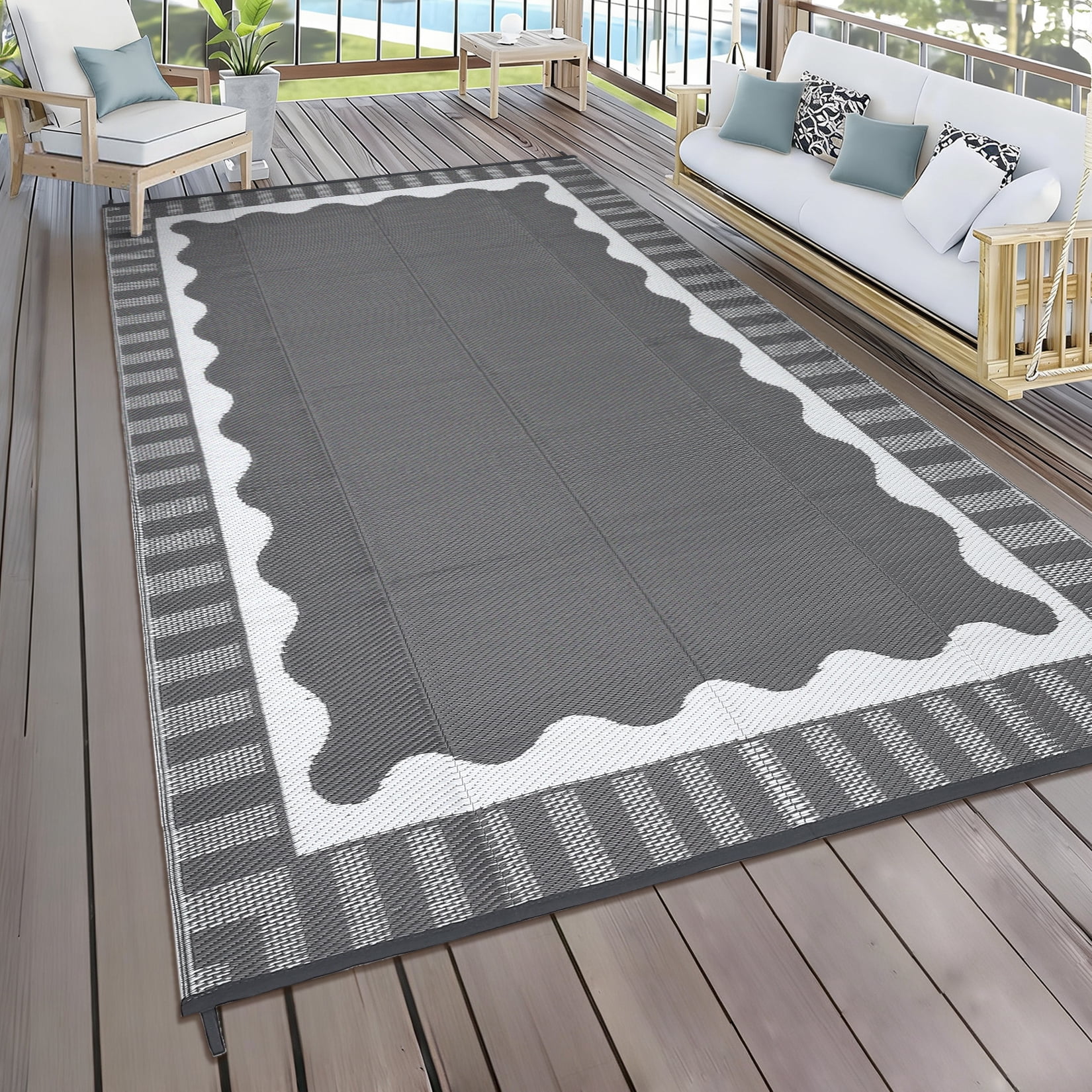 Garvee 8x10ft Outdoor Rug Modern Simple Reversible Area Rug, Plastic Straw Rug Waterproof Outdoor Carpet with Bordered Design for Patio Backyard Camping Beach RV Porch, Gray