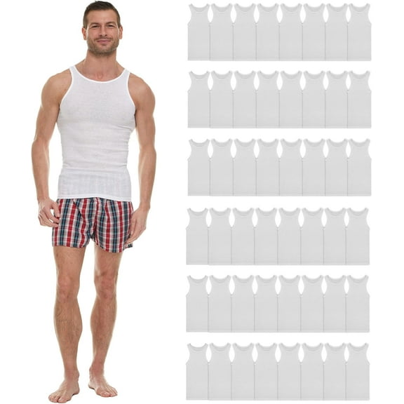 BILLIONHATS 48 Pack of Mens Cotton Undershirt, Ribbed Tank Top A Shirt White Assorted Sizes S-XL, Wholesale Bulk