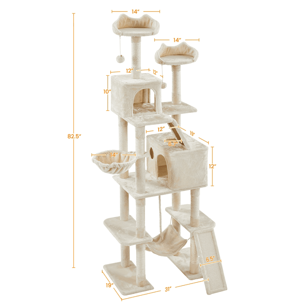Alden Design 82.5″ H Multi Level Large Cat Tree with 2 Cozy Condos for Indoor Small/Medium Cats, Beige
