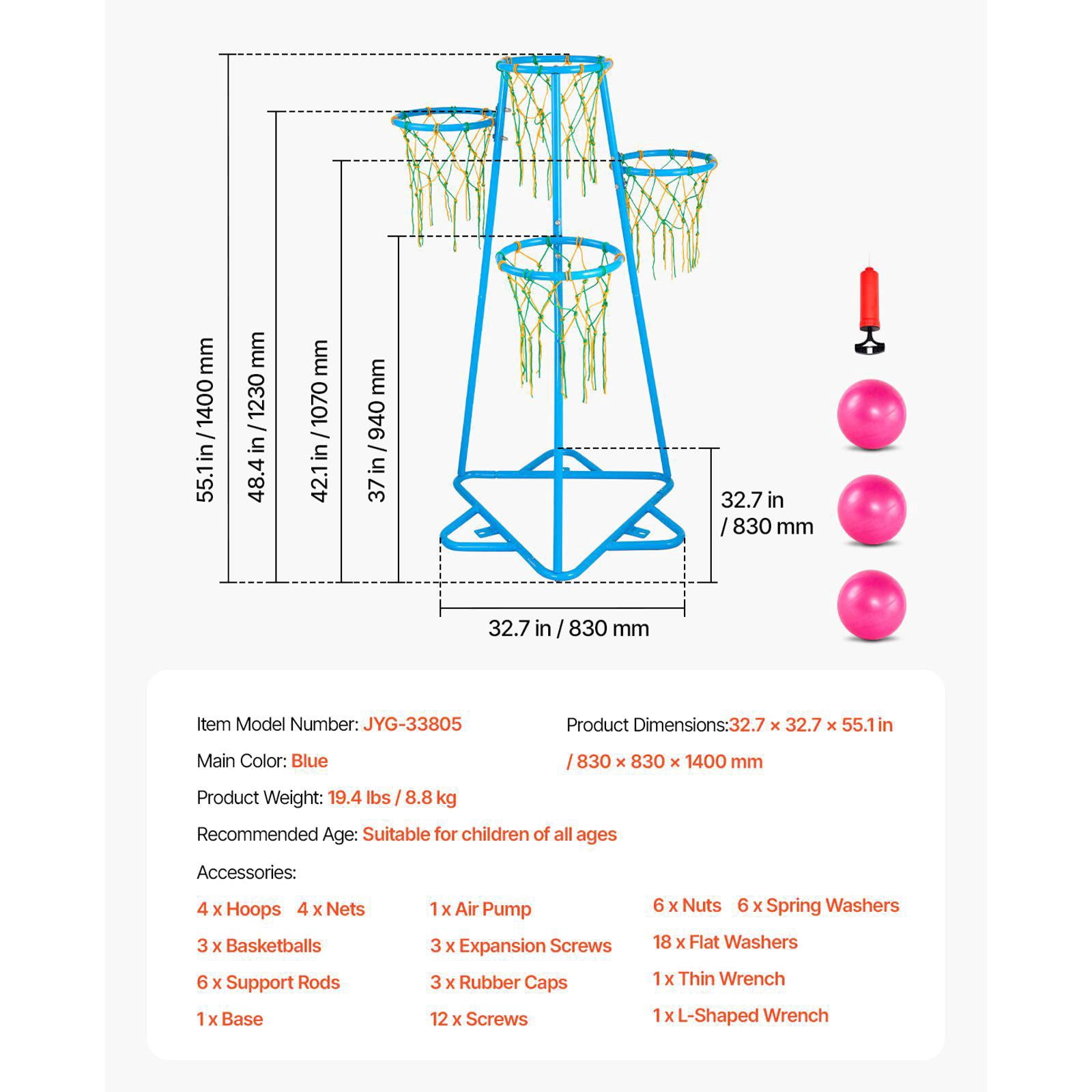 Kids Basketball Hoop Adjustable Height Portable Indoor Outdoor Hoop Set with 3 Balls for Boys Girls All Ages