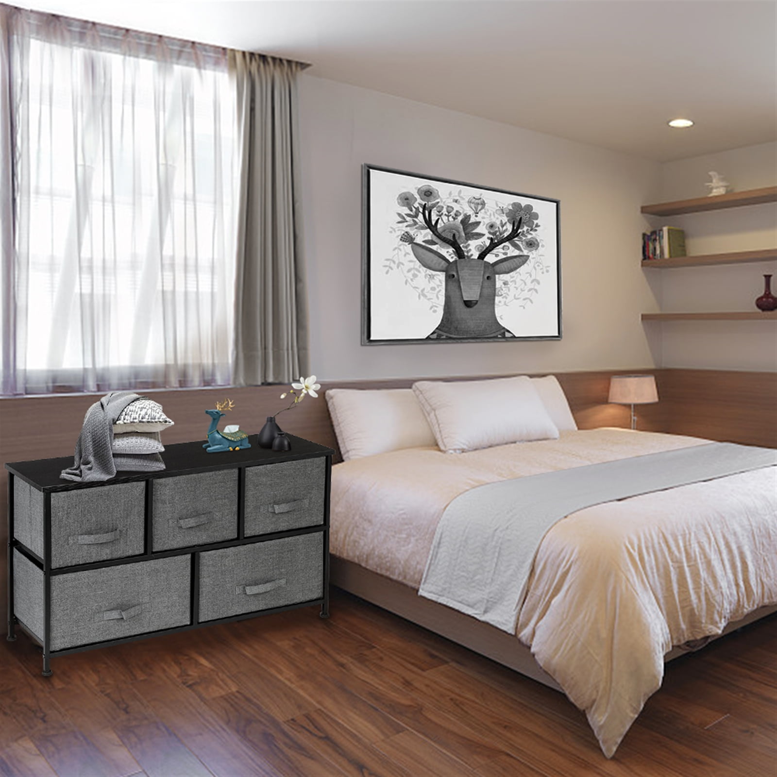 Private Jungle 2-Tier Wide Closet Dresser Nursery Dresser Tower With 5 Fabric Drawers Storage Tower, Sturdy Steel Frame, Wood Top, Easy Pull Handle,Dark Grey Private Jungle 2-Tier Wide Closet Dresser Nursery Dresser Tower With 5 Fabric Drawers Storage Tower, Sturdy Steel Frame, Wood Top, Easy Pull Handle,Dark Grey