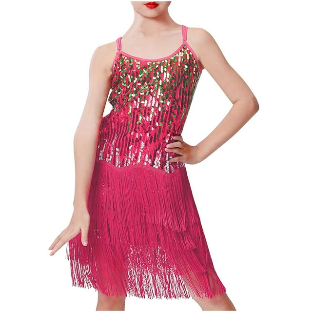 Odeerbi Vestido de Baile Latino Con Lentejuelas Para Niña Rendimiento En Escena Trajes de Verano Vestido de Algodón Con Flecos Vestido Sin Mangas Con Camisola Traje de Baile Con Borlas