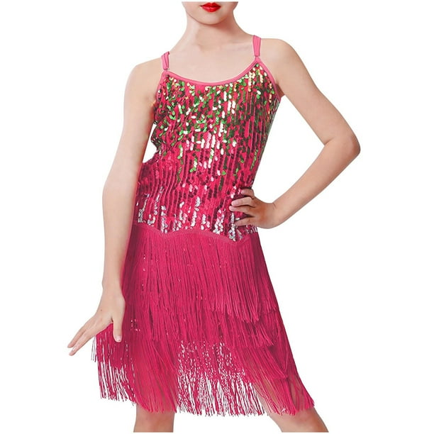 Odeerbi Vestido de Baile Latino Con Lentejuelas Para Niña Rendimiento En Escena Trajes de Verano Vestido de Algodón Con Flecos Vestido Sin Mangas Con Camisola Traje de Baile Con Borlas