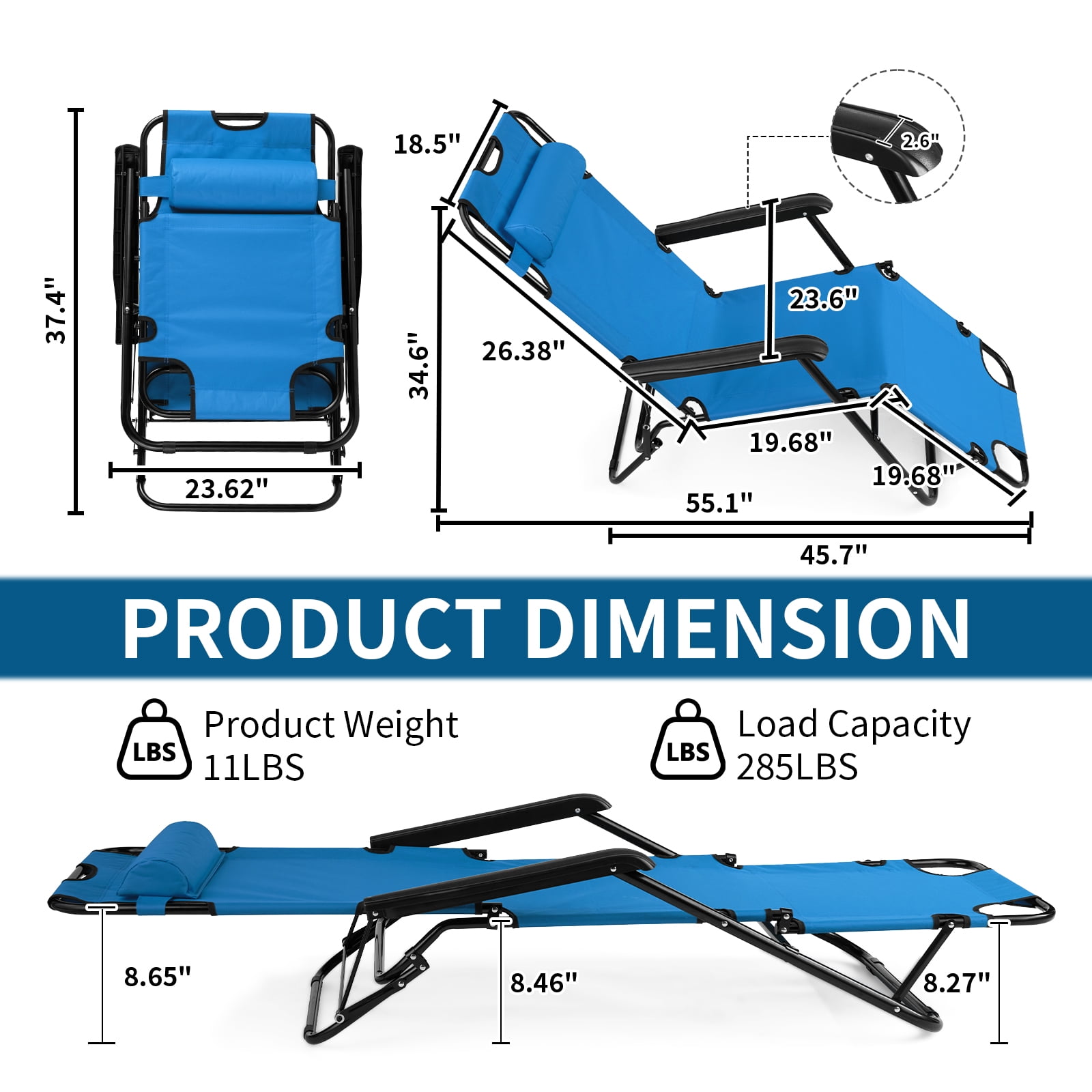 UBesGoo 2-Position Adjustable Backrest Chaise Chair, Lightweight Tanning Chair with Pillow, Sun Recliner for Indoor Outdoor - Blue