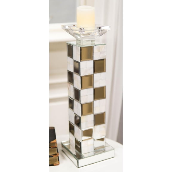 Modern Beveled Mirrors Capiz Shells Checkered Pillar Candle Holder Decor 15"