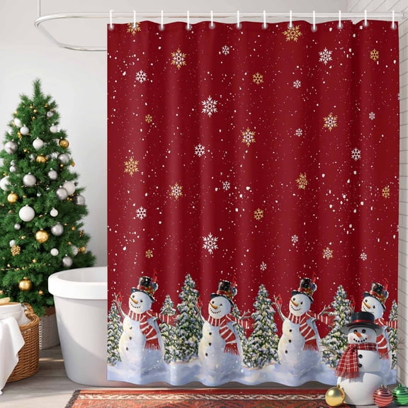 Christmas Snowman Shower Curtain, 36" x 72", Winter Christmas Tree Snowflake Red Waterproof Bathroom Curtain Washable Shower Curtain Set with 12 Hooks