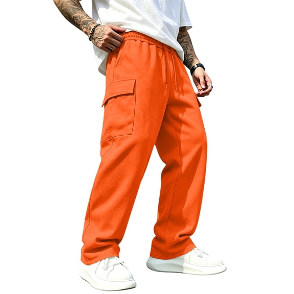 Resicozy Baggy Sweatpants Men Wide Leg Casual Joggers Cotton Loose Drawstring Elastic Waist Pants with Pockets Orange L