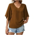 thumbnail image 2 of Fartey Womens Summer Flutter Sleeve Tops Dressy Casual V Neck Shirts Loose Flowy Elbow Sleeve Tunic Blouse Trendy Going Out T Shirts Coffee XXL, 2 of 7