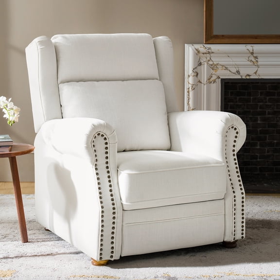 Traditional Push Back Recliner, Cozy Upholstered Living Room Chairs with Rolled Arms, Nailhead Trim & Adjustable Cushions, White