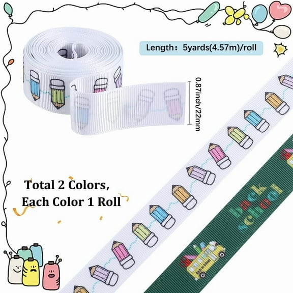 1set 2 rolls 2 styles School Season Theme Polyester Colorful Printed Grosgrain Ribbon for Gift Wrapping Mixed color 7/8 inch(22mm) about 5 yards/roll 1 roll/style