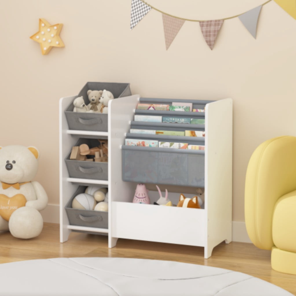 Kids Bookshelf and Toy Storage Organizer, 4-Tier Children's Bookcase with 3 Collapsible Fabric Drawers, Tilted Book Display Shelves for Playroom, Nursery & Bedroom