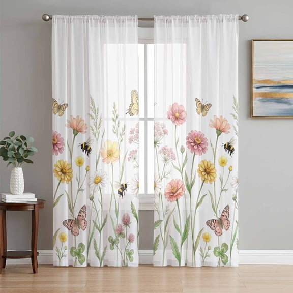 Wildflowers Blossom Sheer Curtains 84 Inch Length 2 Panels Set, Pastoral Farmhouse Floral Botanical Voile Window Treatment Rod Pocket Curtains Sheers Drapes for Bedroom/Living Room/Kitchen 52"x84"x2