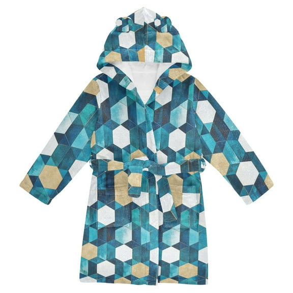 FORMRS Niños Bathrobe Unisex Hooded Robe Soft Plush Pajamas Sleepwear, Size 2-3T, Blue White Geometric Patterns