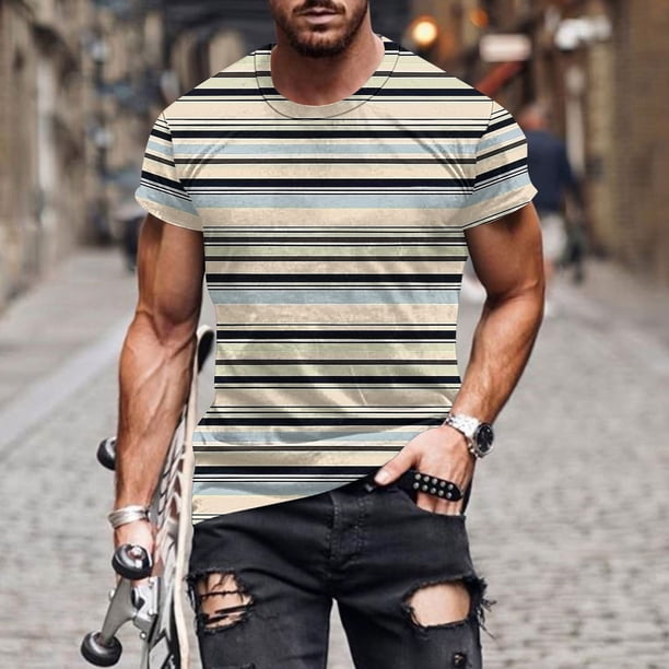 Tops para hombre, blusas y camisas de manga corta con cuello redondo para hombre, blusas de manga corta con cuello redondo y estampado de rayas para hombre, blusa para hombre
