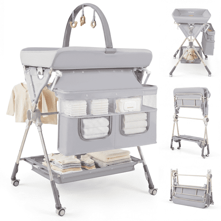 INFANS Portable Baby Changing Table with Wheels, Foldable Diaper Changing Station with Adjustable Heights, Large Organizer Storage for Newborn Infant
