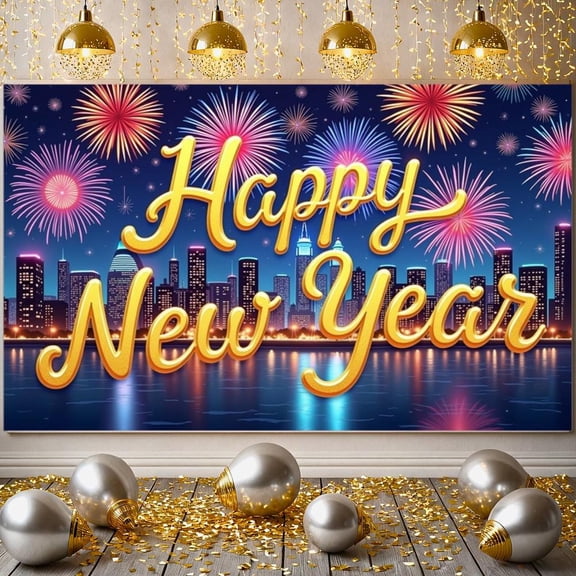 Firework Theme Happy New Year Banner Golden Font New Year Banner Colorful Firework Night City Design Celebration Banner for New Year Party Indoor Decoration Family Gathering