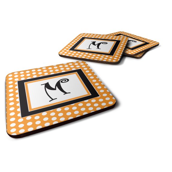 Letter M Initial Monogram - Orange Polkadots Foam Coaster Set of 4