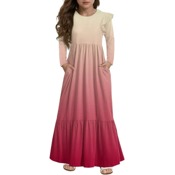 Abcomgle Girls Maxi Dresses 10-12 Casual A-Line Ruffle Long Sleeve Maxi Dress Gradient Crew Neck Sundresses Tiered Boho Dresses with Pockets,Vermilion