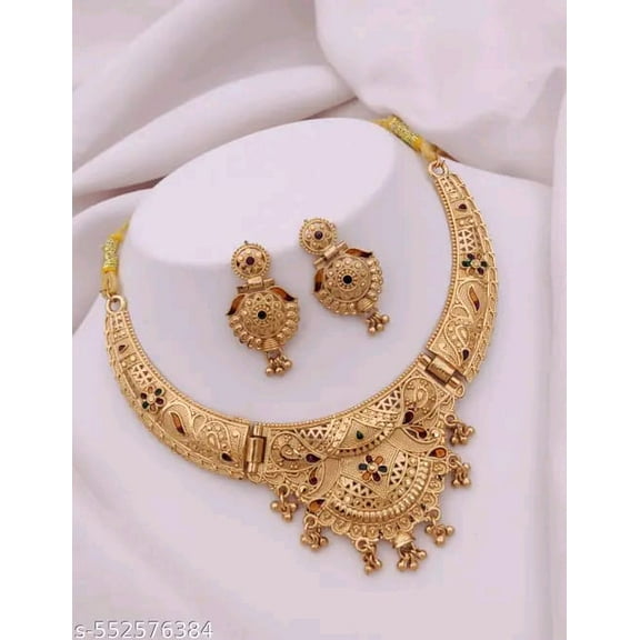 Traditional Antique Gold Plated Necklace Set with Earrings Jewelry For Women Wedding Wear Gift