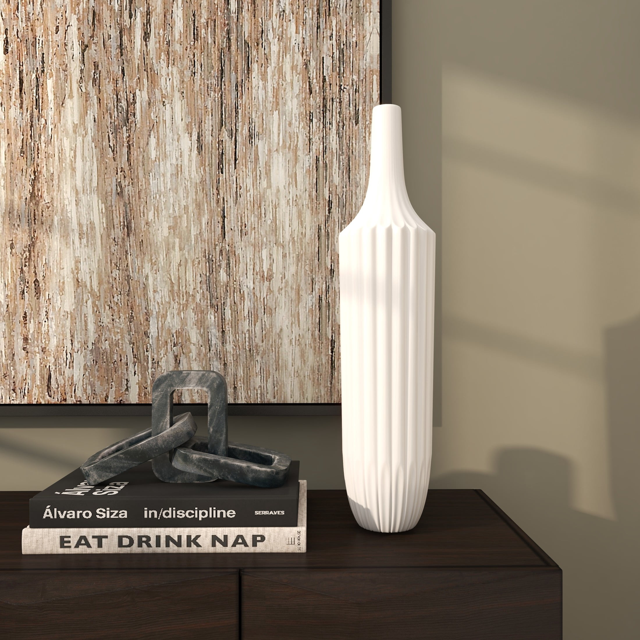 DecMode 23" Stripe Texture White Ceramic Vase