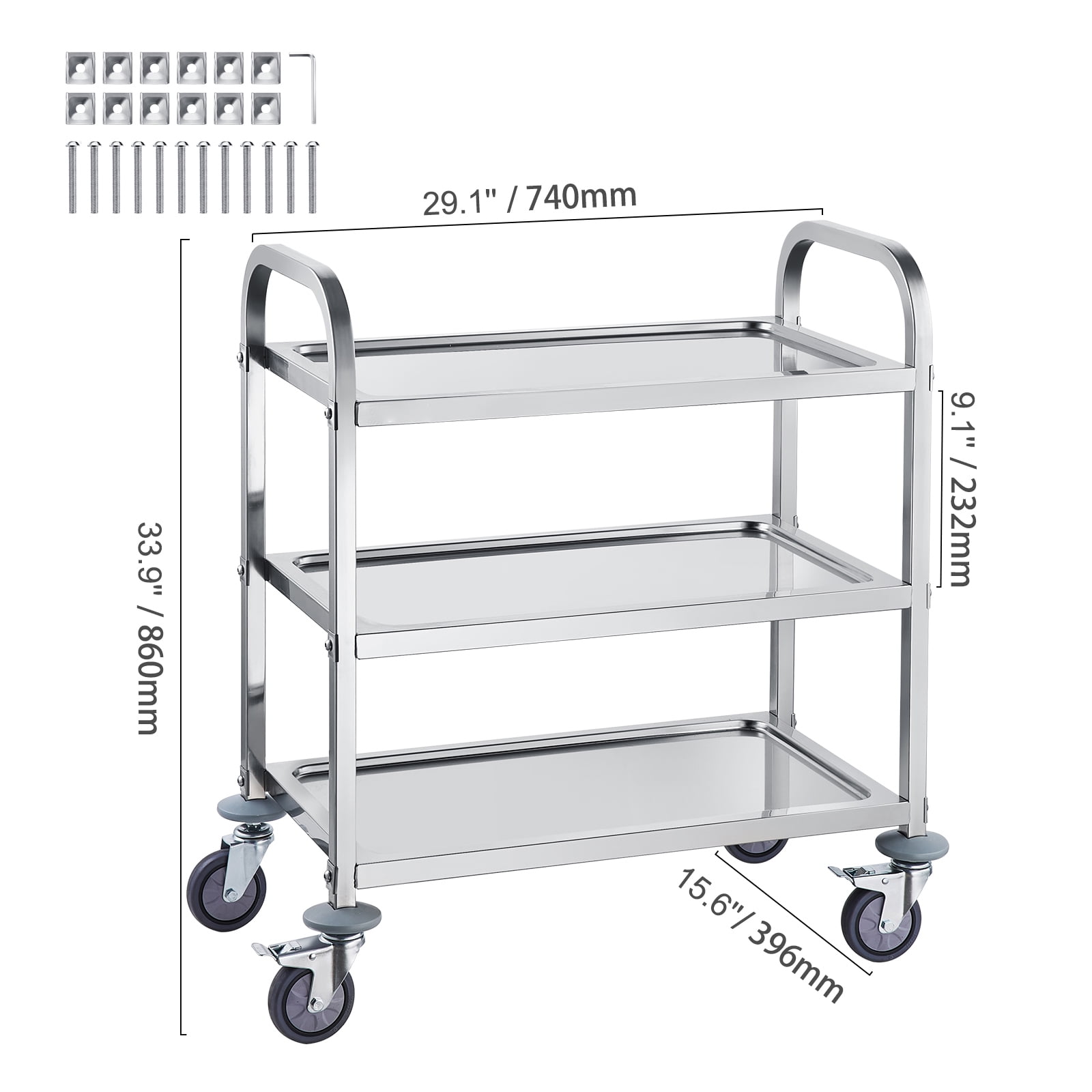 VEVOR Stainless Steel Cart, 3 Layers Lab Utility Cart 400 lbs Weight Capacity, Medical Cart with Lockable Universal Wheels, for Lab, Clinic, Kitchen, Salon