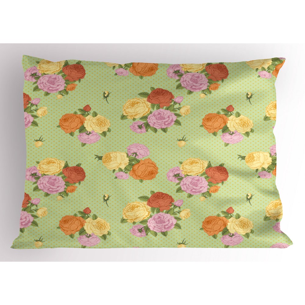 Shabby Chic Pillow Sham Flower Bouquets Vintage Roses on Dotted